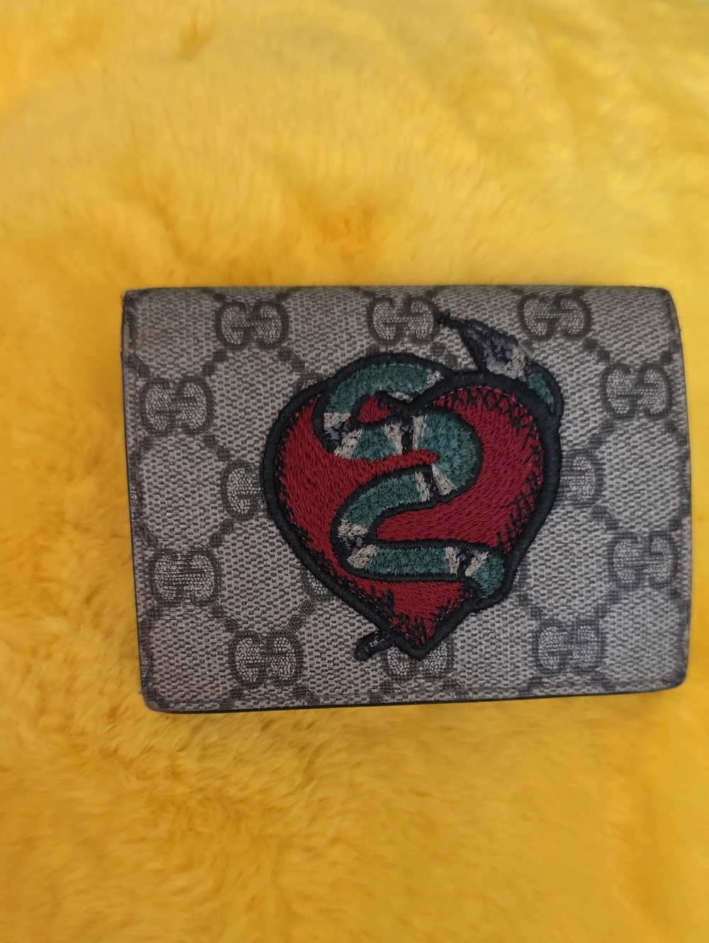 Gucci Beige GG Canvas Wallet with Red Heart and Green Snake Embroidery